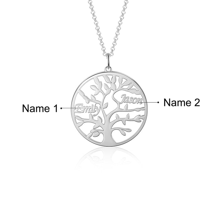 Sterling Silver Personalized Family Tree Name Necklace with 2 Names Custom Tree of Life Nameplate Gift for Mother