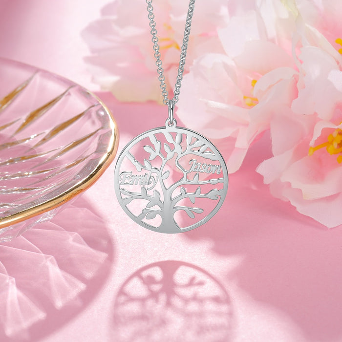 Sterling Silver Personalized Family Tree Name Necklace with 2 Names Custom Tree of Life Nameplate Gift for Mother
