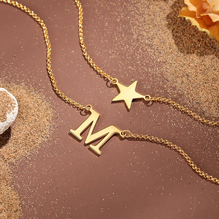Sterling Silver Personalized A-Z Initial Necklace with Butterfly Star Custom Capital Letter Double Layered Pendants