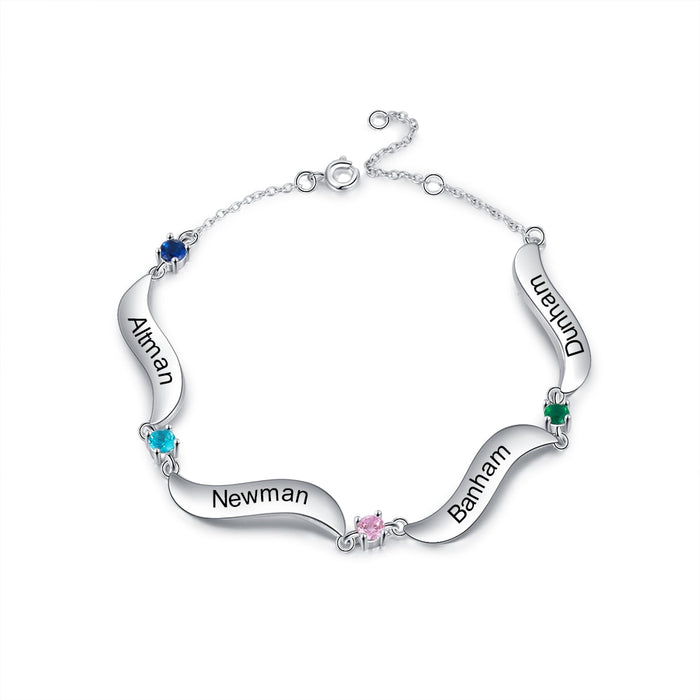 Family Wave Bracelet with 4 Inlaid Birthstone Custom Engraving Name Women Chain Bracelets Gift for Mother