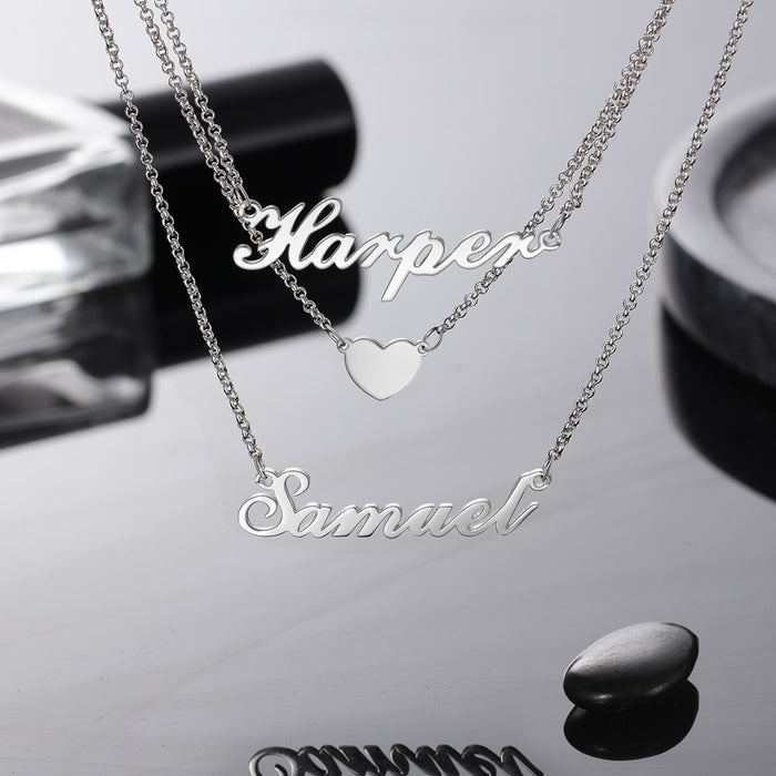 Sterling Silver 3 Layered Custom Name Necklace Personalized Nameplate with Heart Wedding Engagement Fine Jewelry