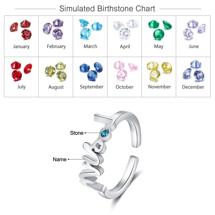 Custom Name Rings for Women Personalized Birthstone Adjustable Open Silver Ring Mothers Day Gift