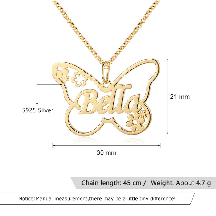 Sterling Personalized Name Butterfly Necklace with Flowers Custom Nameplate Pendants for Women Gift Jewelry