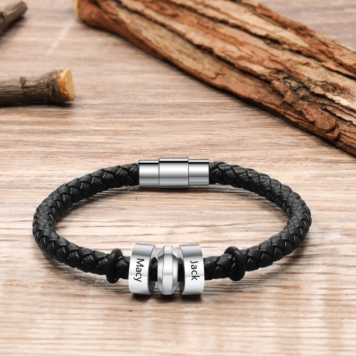 Personalized Stainless Steel Black Leather Bracelets with 2 Custom Name Beads Retro Jewelry Men Bracelets Fathers Day Gift