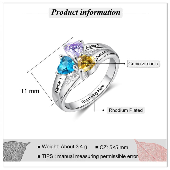Silver Color Engraved Name Copper Rings for Women Customized 3 Heart Birthstones Wedding Ring Gift for Mom