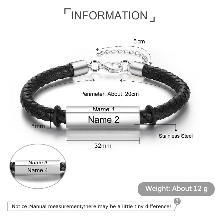 Stainless Steel Personalized Engraving Name Bar Bracelet 4 Side Custom Black Leather Bracelet for Men Fathers Day Gift