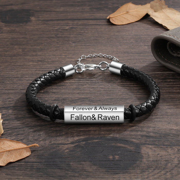 Stainless Steel Personalized Engraving Name Bar Bracelet 4 Side Custom Black Leather Bracelet for Men Fathers Day Gift