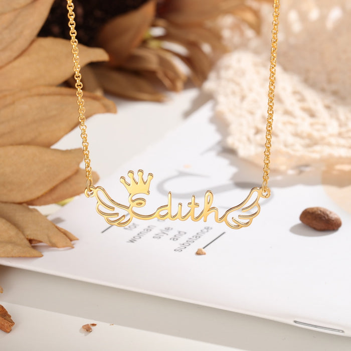 Sterling Silver Personalized Wings Nameplate with Crown Custom Name Pendant Necklace S925 Silver Jewelry Gifts