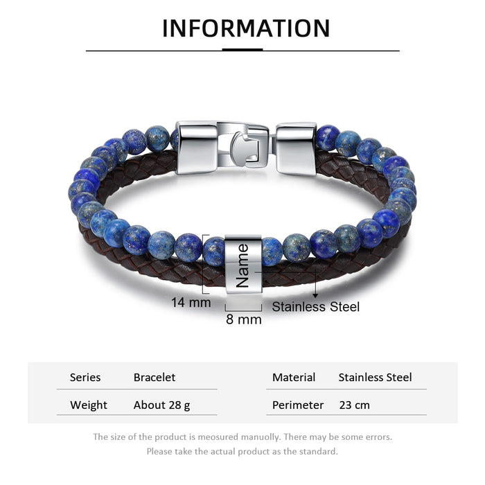 Blue Beaded Chain Bracelet Personalized Name Engraved Men Bracelets Gift for Father