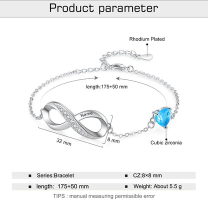 Engraved Name Infinity Bracelet with Heart Birthstone Classic Custom Couples Bracelet
