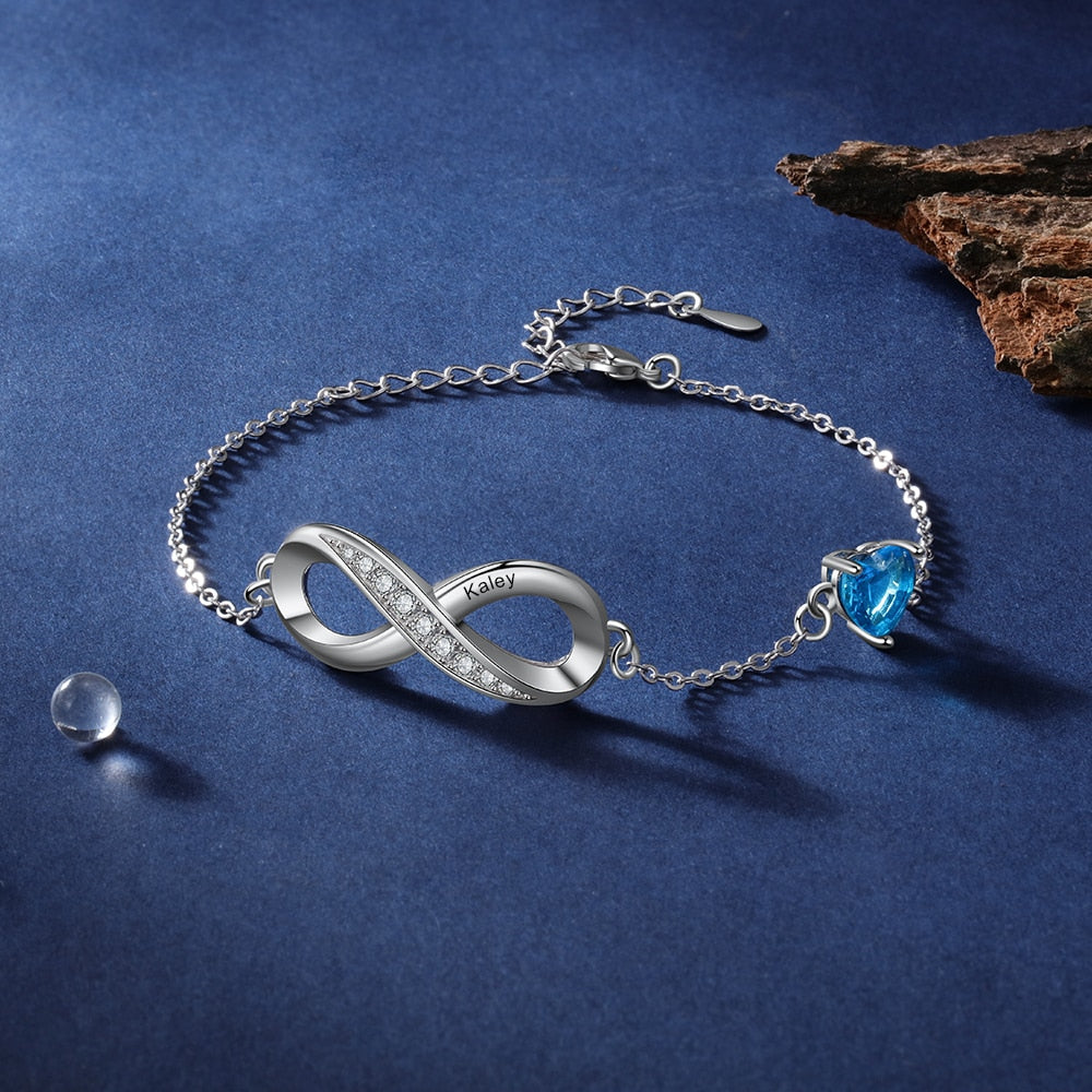 Engraved Name Infinity Bracelet with Heart Birthstone Classic Custom Couples Bracelet