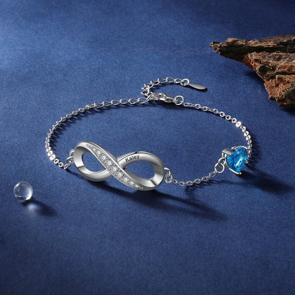 Engraved Name Infinity Bracelet with Heart Birthstone Classic Custom Couples Bracelet