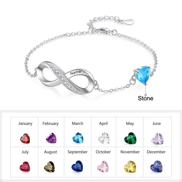 Engraved Name Infinity Bracelet with Heart Birthstone Classic Custom Couples Bracelet Gifts for Girlfriend