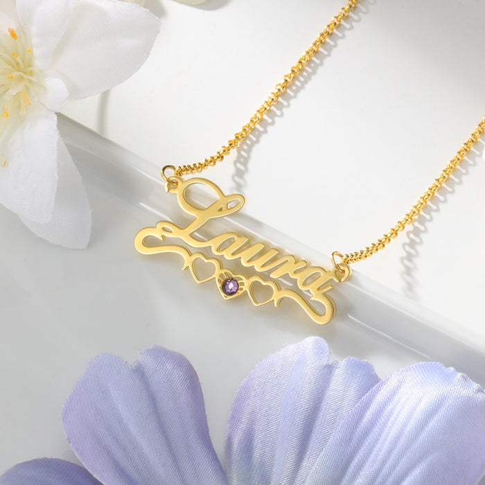 925 Sterling Silver Custom Name Necklace with 2 Hearts Personalized Birthstone Nameplate Pendant Mothers Day Gifts