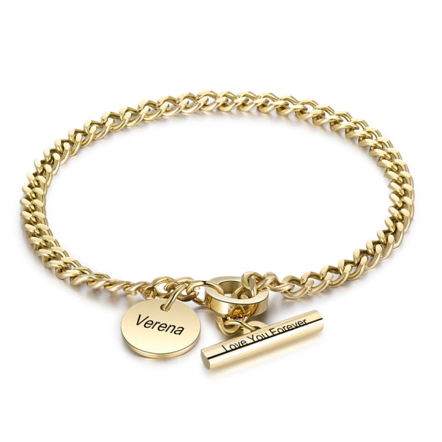 Engraving Name Toggle Bracelet Stainless Steel Link Chain Bracelets for Women