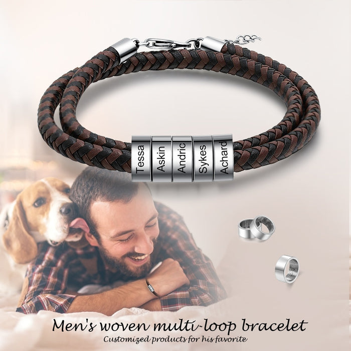Personalized Engraving Black Brown Braided Leather Bracelet - Custom Name Bead Bracelets for Men, Father's Day Gift
