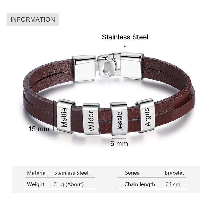Personalized Engraving Name Bead Bracelet Brown Black Leather Stainless Steel Customized Bracelets for Men Fathers Day Gift