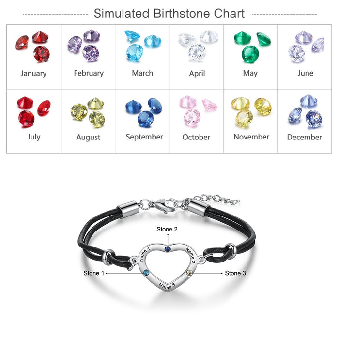Personalized Heart Bracelet with 3 Birthstones Customized Engraving Mother Kids Name Chain Bracelet Anniversary Jewelry