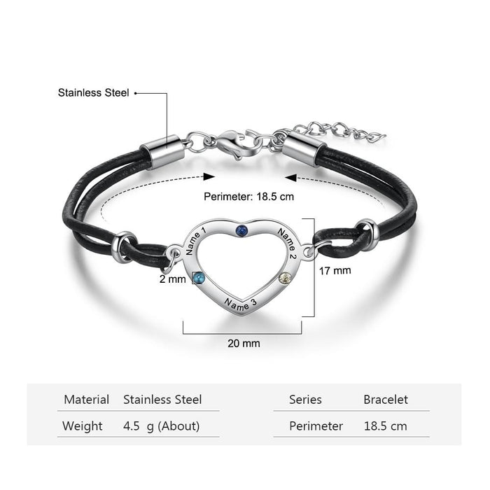 Personalized Heart Bracelet with 3 Birthstones Customized Engraving Mother Kids Name Chain Bracelet Anniversary Jewelry