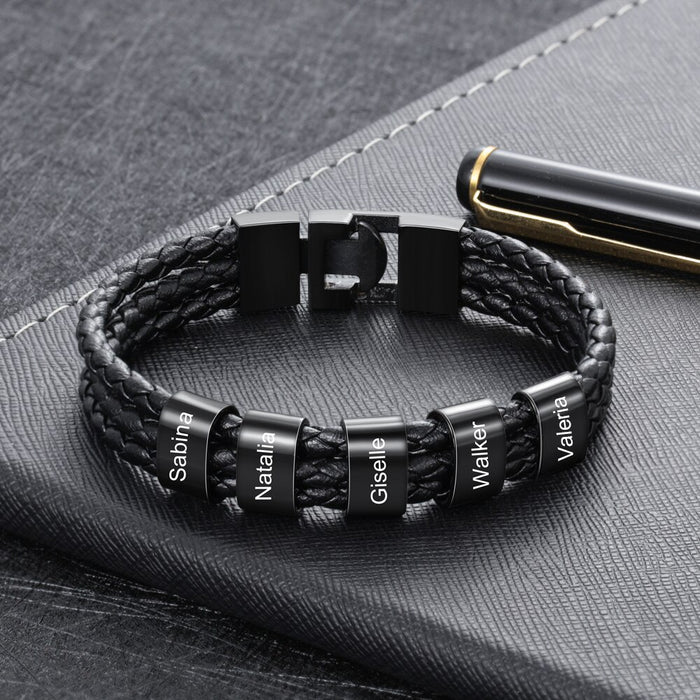 Personalized Stainless Steel Engraved 5 Names Bracelet Custom Black Braided 3-Layered Leather Bracelets for Men Father
