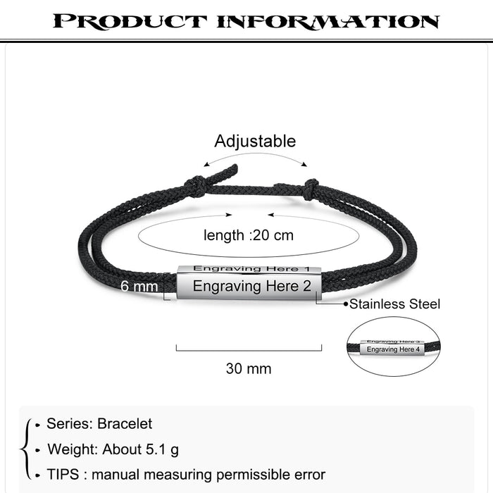 Customized Black Adjustable Rope Chain Bracelet Personalized Name Engraved Bar Bracelet for Men Fashion Gift for Him