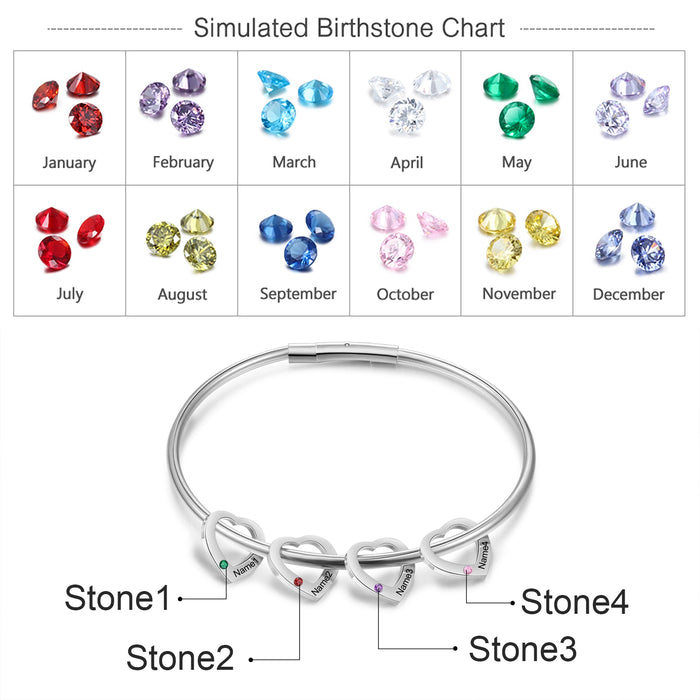 Personalized Engraved Name Heart Charm Bracelet with Inlaid 4 Birthstone Stainless Steel Custom Bangles Gift for Family
