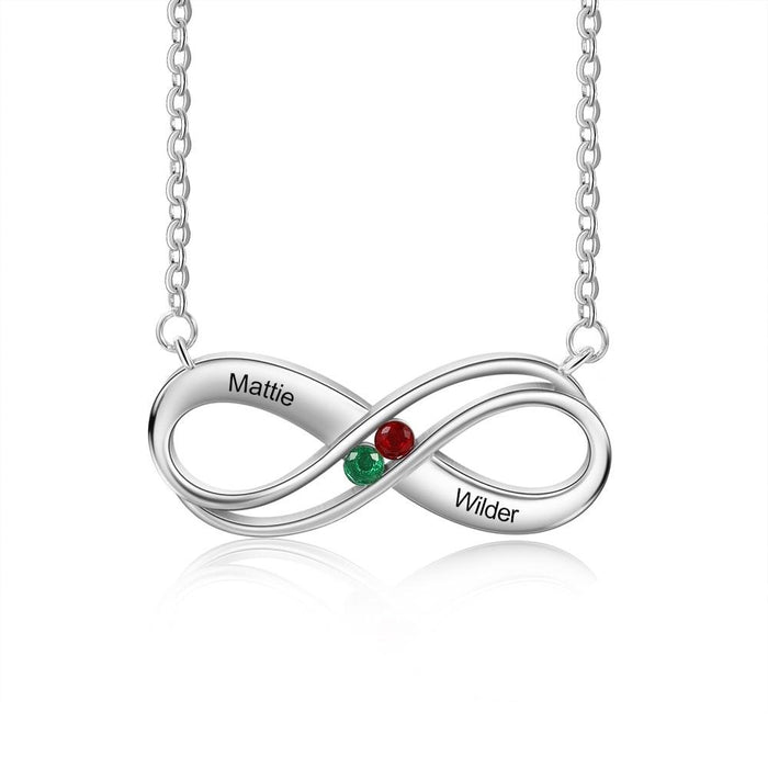Sterling Silver Infinity Love Pendant with 2 Birthstones Personalized Engraved Couple Name Necklace Mother Day Gift