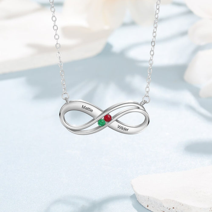 Sterling Silver Infinity Love Pendant with 2 Birthstones Personalized Engraved Couple Name Necklace Mother Day Gift
