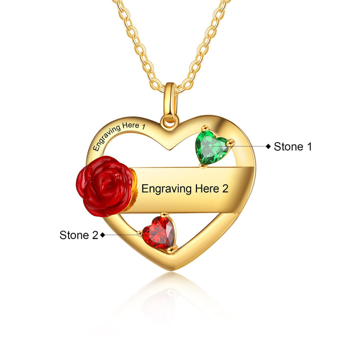 Customized Mother Necklace with Rose Flower Personalized DIY 2 Birthstones Engraved Name Heart Pendant Anniversary Gift