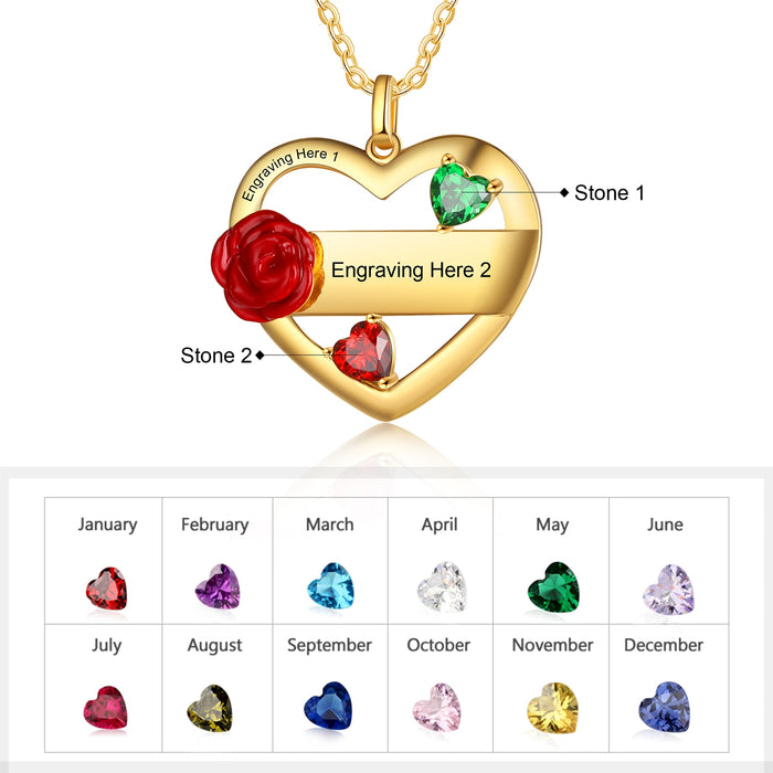 Customized Mother Necklace with Rose Flower Personalized DIY 2 Birthstones Engraved Name Heart Pendant Anniversary Gift