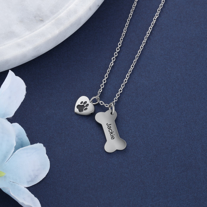 Personalized 4 Names Dog Bone Necklace with Pet Paw Customized Engraving Name Pendant Memorial Jewelry Gifts