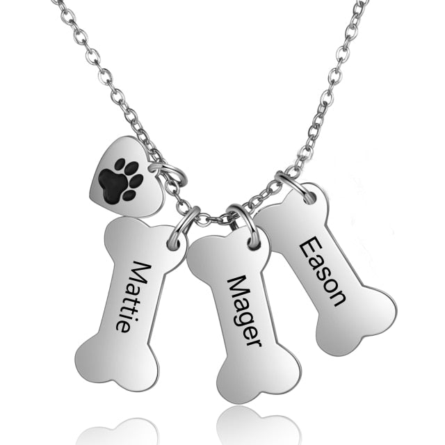 Personalized 4 Names Dog Bone Necklace with Pet Paw Customized Engraving Name Pendant Memorial Jewelry Gifts