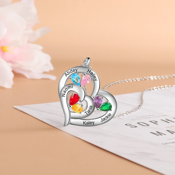Personalized 6 Name Engraving Heart Pendant Classic Custom DIY Birthstone Necklace Anniversary Gift for Her