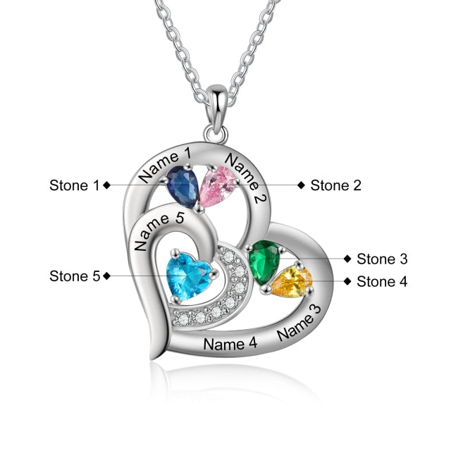 Personalized 6 Name Engraving Heart Pendant Classic Custom DIY Birthstone Necklace Anniversary Gift for Her