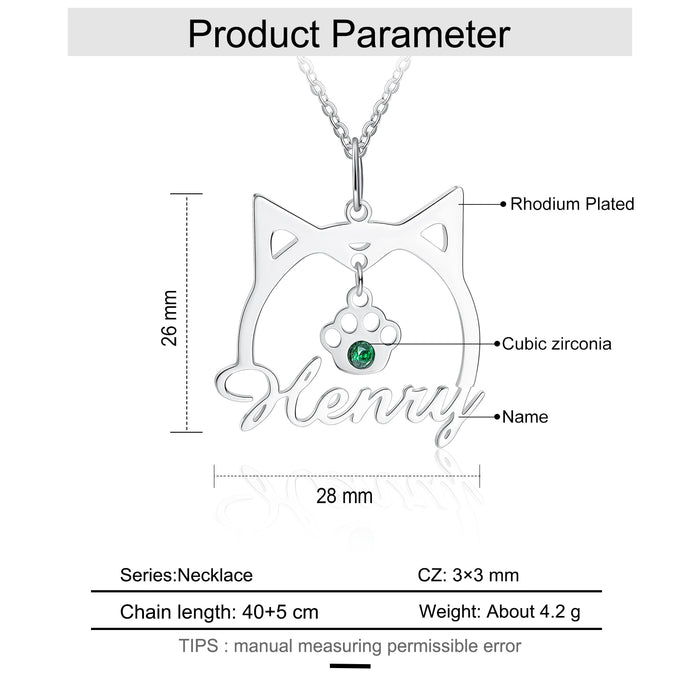 Personalized Cute Cat Shape Name Necklace Customized Nameplate Paw Pendant with Birthstone Women Jewelry
