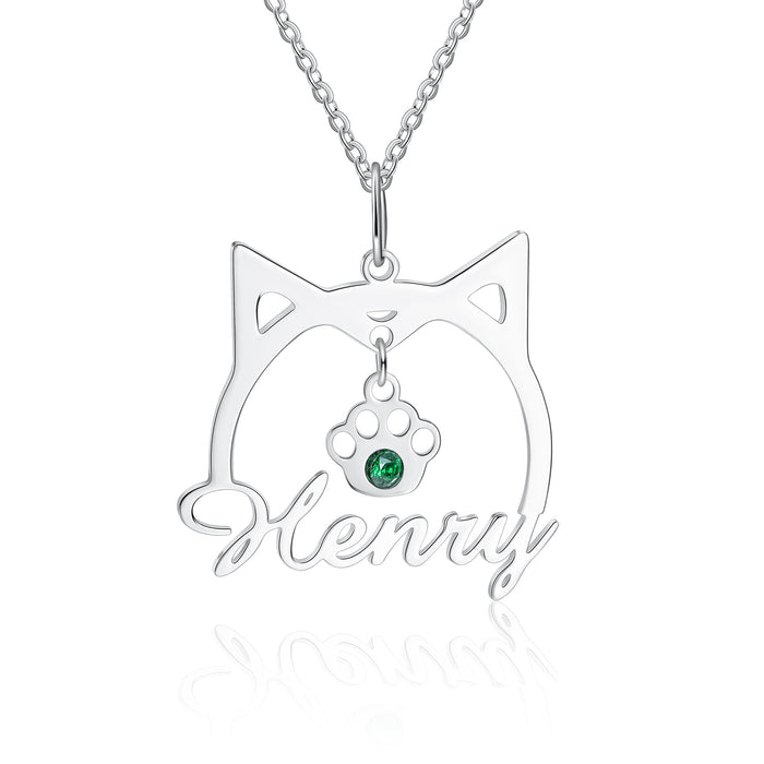 Personalized Cute Cat Shape Name Necklace Customized Nameplate Paw Pendant with Birthstone Women Jewelry