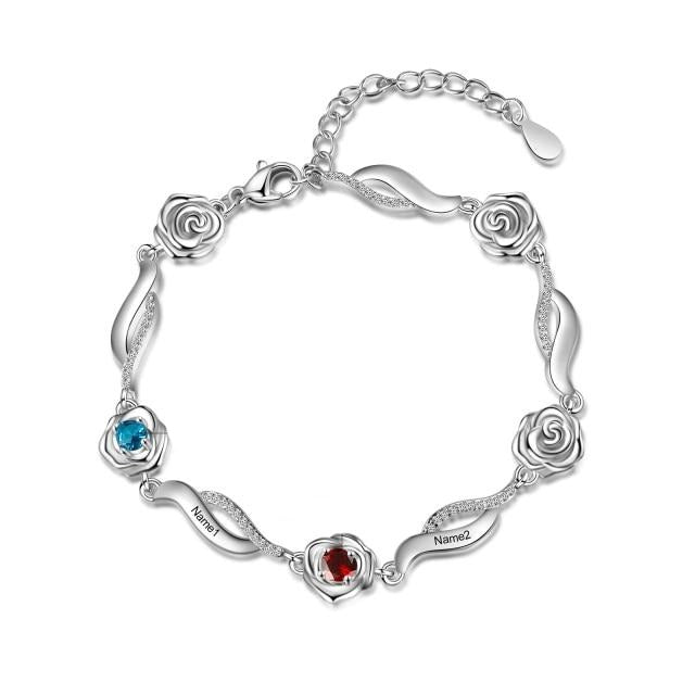Personalized Rose Flower Bracelets with 2 Names Engraving Customized Inlaid Birthstone Bracelets & Bangles