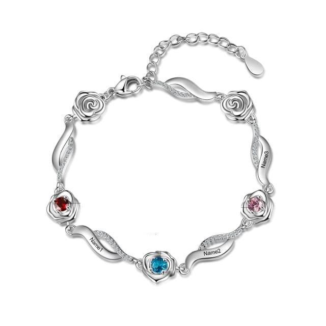 Personalized Rose Flower Bracelets with 3 Names Engraving Customized Inlaid Birthstone Bracelets & Bangles