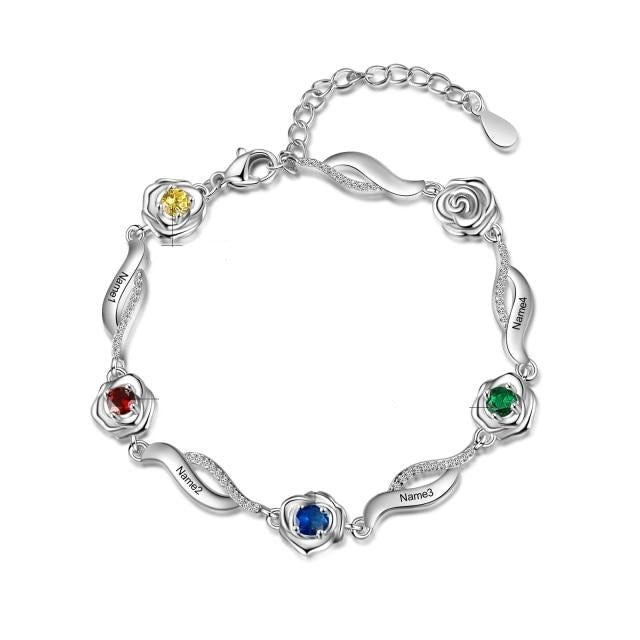 Personalized Rose Flower Bracelets with 4 Names Engraving Customized Inlaid Birthstone Bracelets & Bangles