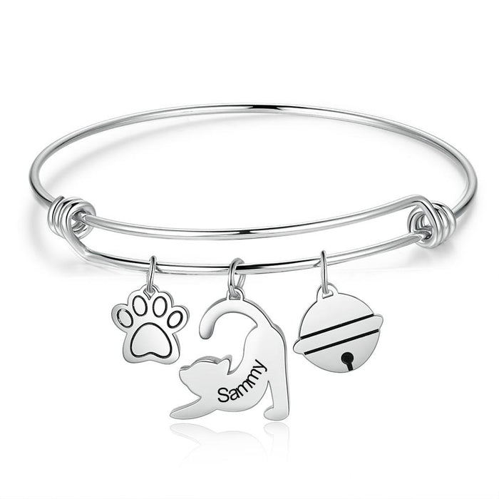 Custom Engraved Name Bangles & Bracelets with Paw Bone Personalized Cute Cat Dog Charms Cuff Bangles for Women