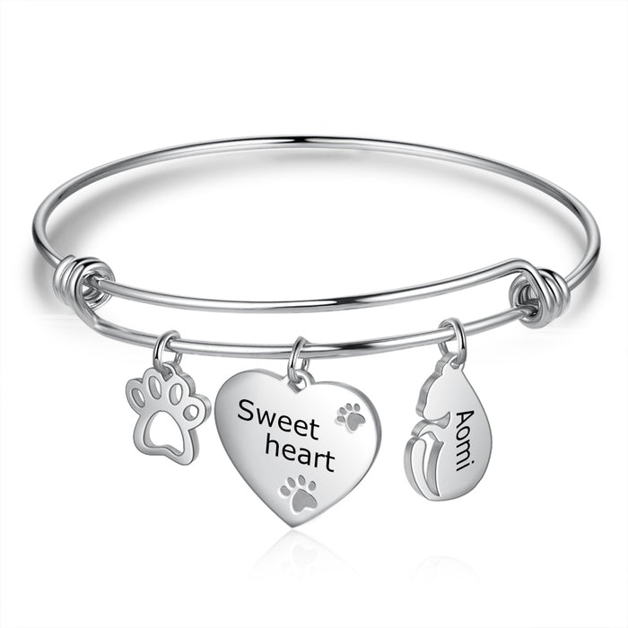 Custom Engraved Name and Text Bangles & Bracelets with Paw Bone Personalized Cute Cat Dog Charms Cuff Bangles for Women