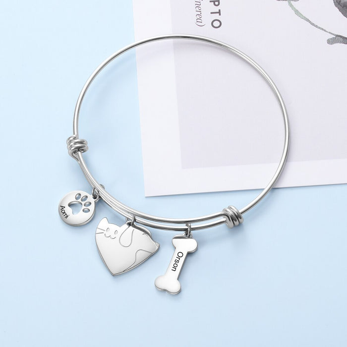 Custom Engraved 2 Names Bangles & Bracelets with Paw Bone Personalized Cute Cat Dog Charms Cuff Bangles for Women