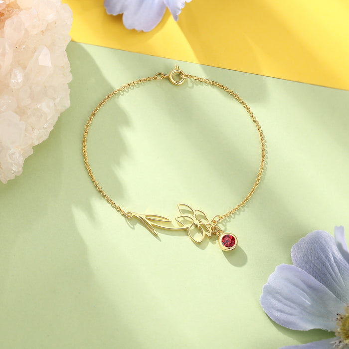 Personalized Birth Flower Bracelet with Custom Birthstone Customized 925 Sterling Silver /Copper Bracelets for Women Jewelry
