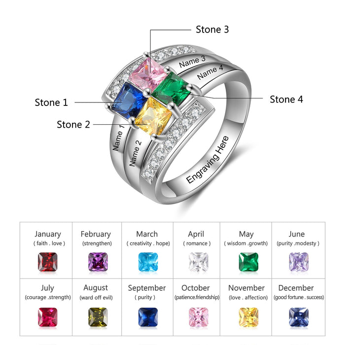 Personalized Engraving 4 Name Rings for Women Customized Square Birthstone Mothers Ring Best Gifts for Grandmother