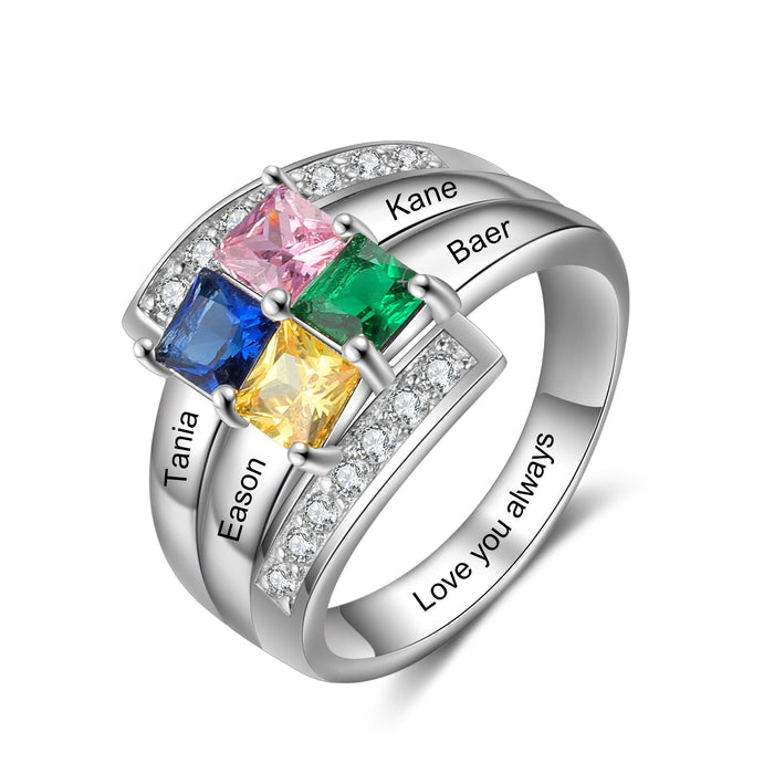 Personalized Engraving 4 Name Rings for Women Customized Square Birthstone Mothers Ring Best Gifts for Grandmother