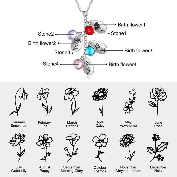 New Personalized Birth Flower Pendant Jewelry Customized 4 Birthstones Water Drop shaped Necklaces for Women Gifts