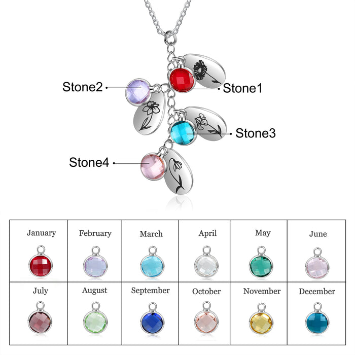 New Personalized Birth Flower Pendant Jewelry Customized 4 Birthstones Water Drop shaped Necklaces for Women Gifts