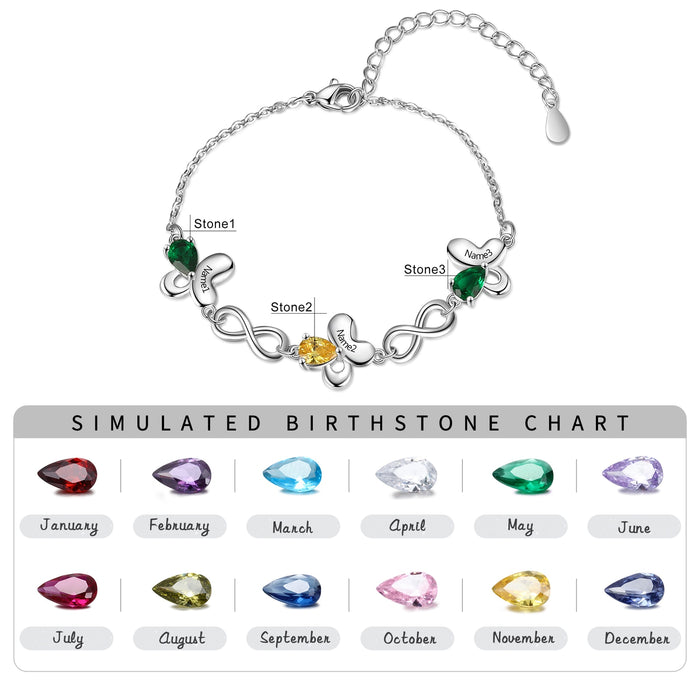 Butterfly Bracelet with Inlaid Birthstone Infinity Love Customized 3 Names Engraved Bracelets for Women