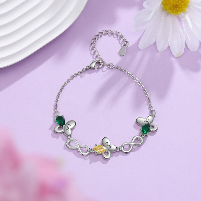 Butterfly Bracelet with Inlaid Birthstone Infinity Love Customized 3 Names Engraved Bracelets for Women