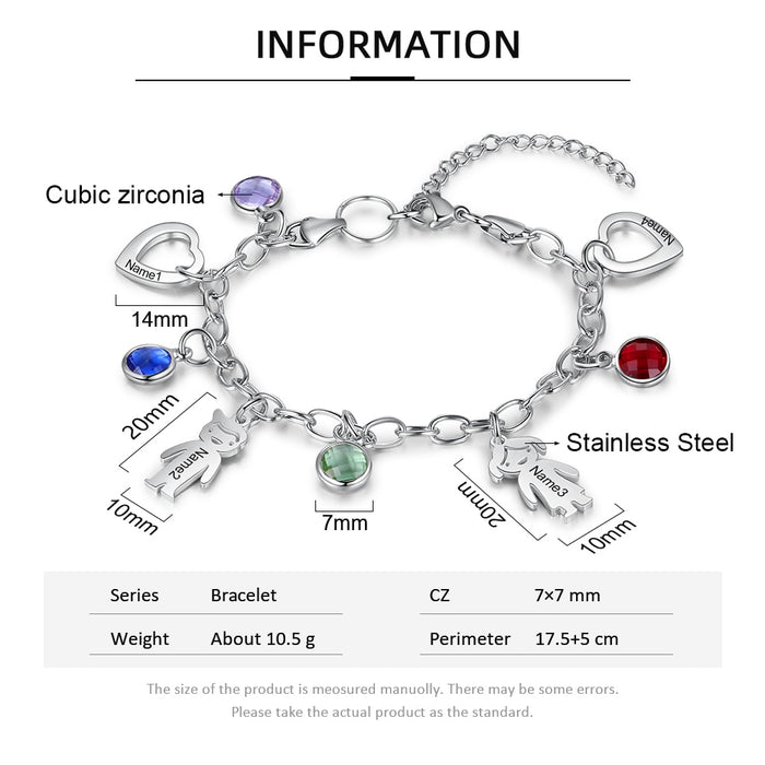 Personalized Engraved Name Boy & Girl Heart Charm Bracelets for Women Custom 4 Birthstone Stainless Steel Chain Bracelet